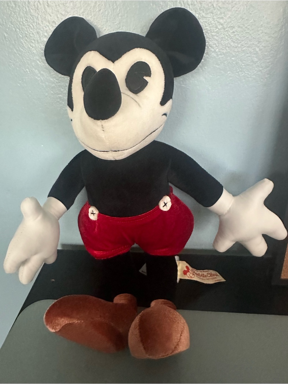 Classic Black & White Plush Mouse with Red Shorts